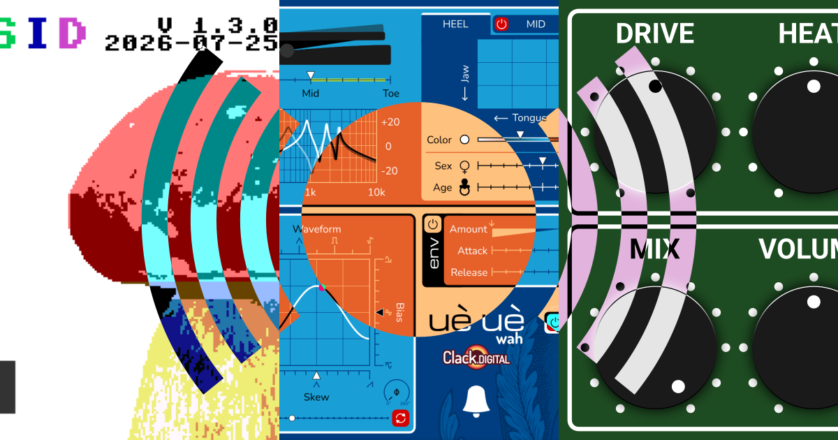 A-SID, Uè Uè and Amp Squeezer screens with a color effect in the shape of the Audio Units logo.