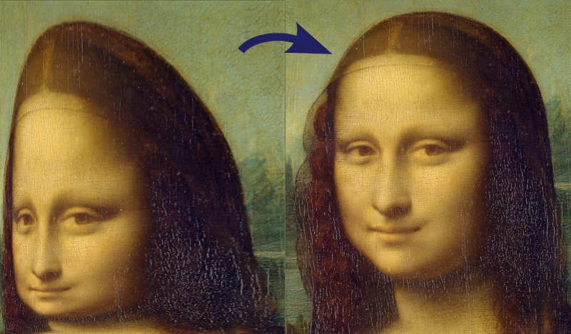Distorted Mona Lisa on the left, the original painting on the right, and a left-to-right arrow in between